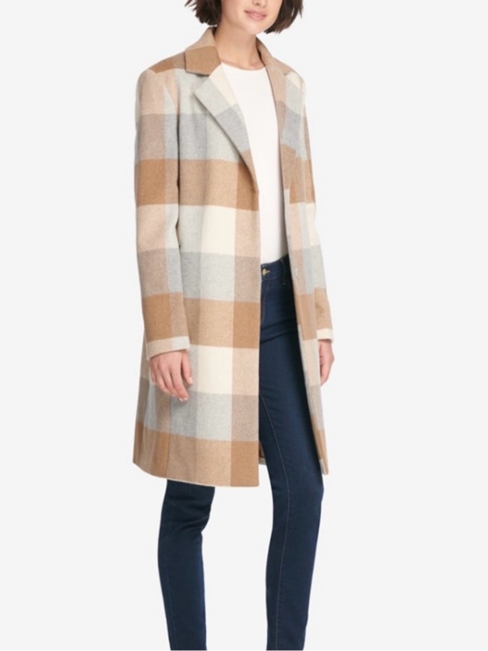 NWOT DKNY Womens XL Plaid Wool Blend Overcoat Beige Light Brown Single-Breasted